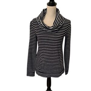 J Crew Striped Cowl Neck Sweater Top Navy White Front Hand Warmer Pockets XS EUC